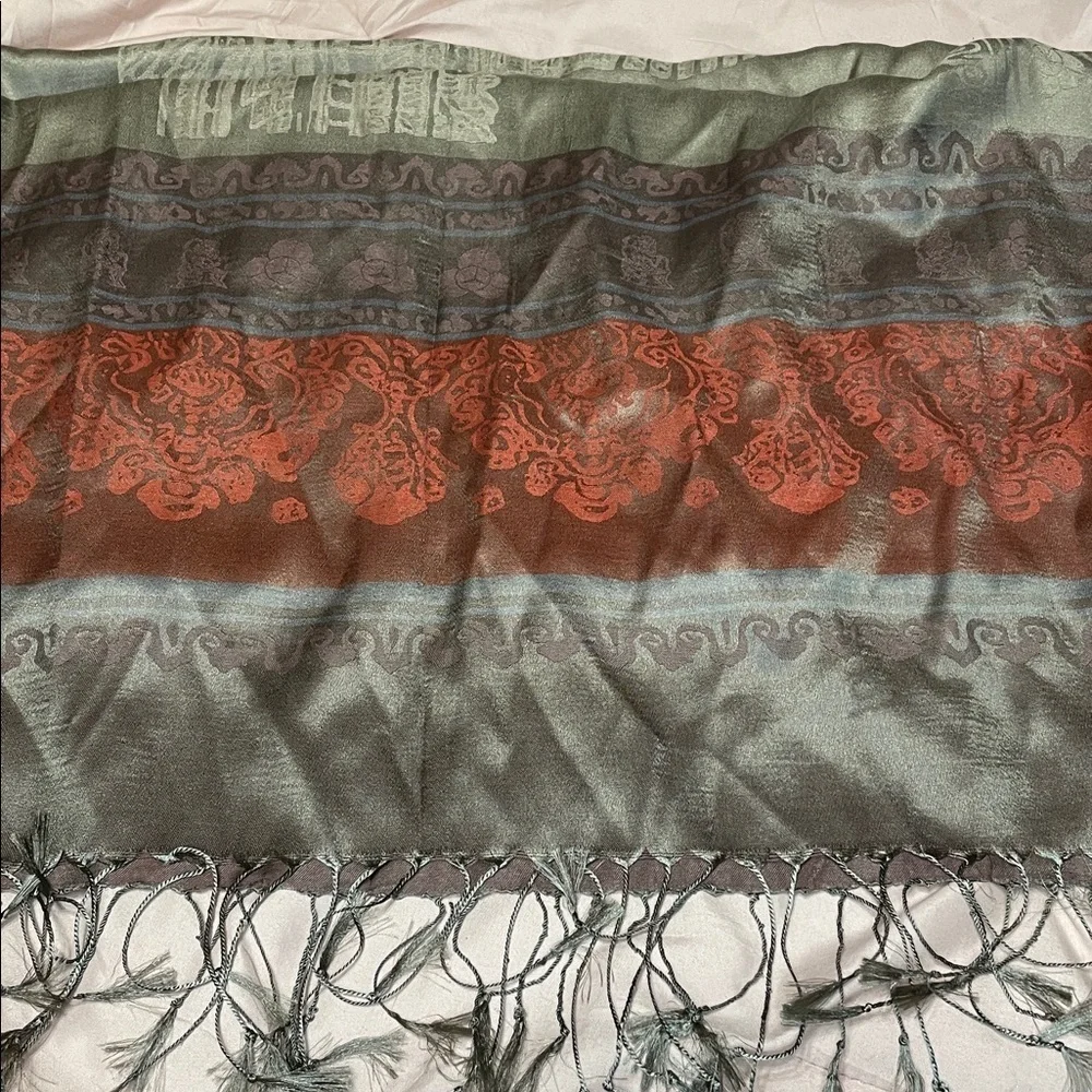100% Silk Woven Scarf Shawl Boho Paisley Floral Pattern Brown Copper Fringe